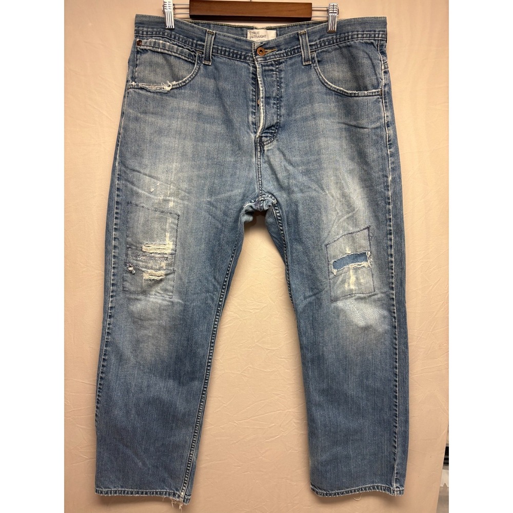 Levis Silver Tab True Straight Jeans Mens Blue Distressed Denim Button Fly 36x32